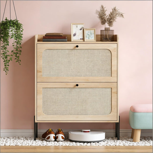 English Elm Narrow Rattan Front Shoe Cabinet with Oak Finish Entryway Storage for 16 Pairs T3971P481653