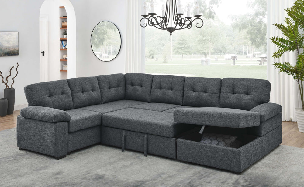 English Elm Linen Blend U-shape Sectional Sleeper with Tufted Back and Hidden Storage Chaise B2748S00024