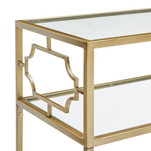 English Elm Grifton Two-Tier Rectangular Accent Table in Antique Gold Metal with Tempered Glass Shelves, 26.5" L B050P364437
