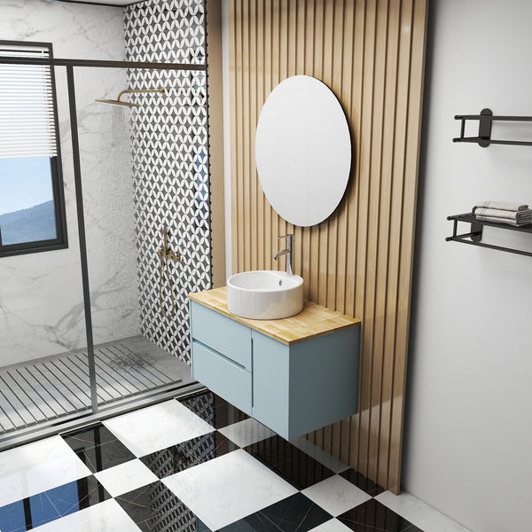 English Elm 36-Inch Modern Minimalist Wall-Mounted Bathroom Vanity With Blue Cabinet & Natural Wood Top Design W3151S00008