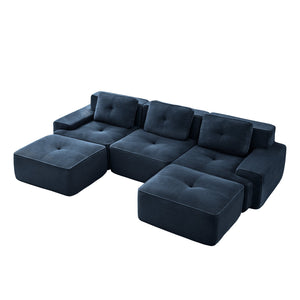 English Elm 117" Modern U-Shaped Modular Sofa In Plush Corduroy With Movable Ottoman & Tufted Design, Blue W714S01496