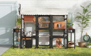 English Elm Large Pine Wood Catio Outdoor Cat Enclosure with Wire Mesh and Dual Plant Stands Black N704G201617B
