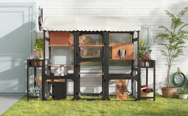 English Elm Large Pine Wood Catio Outdoor Cat Enclosure with Wire Mesh and Dual Plant Stands Black N704G201617B