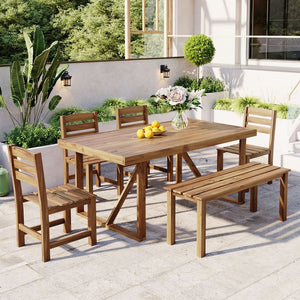 English Elm U_style Solid Acacia Six Piece Outdoor Dining Set for Patio Backyard Entertaining Natural Wood WY000472AAA