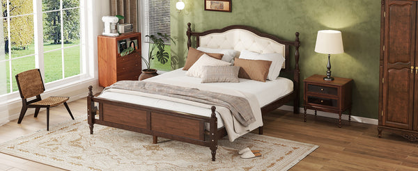 English Elm Queen Pine Upholstered Headboard Bed in Walnut — Modern Minimalist Queen Platform with Dual Support Feet, Space-Saving Design W504P268435