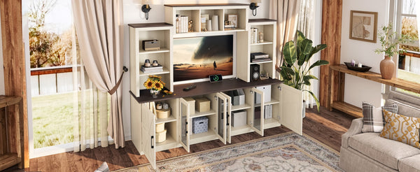 English Elm Wall Unit Entertainment Center with Built in Charging Mdf Media Console Open Shelving Beige W1580S00436