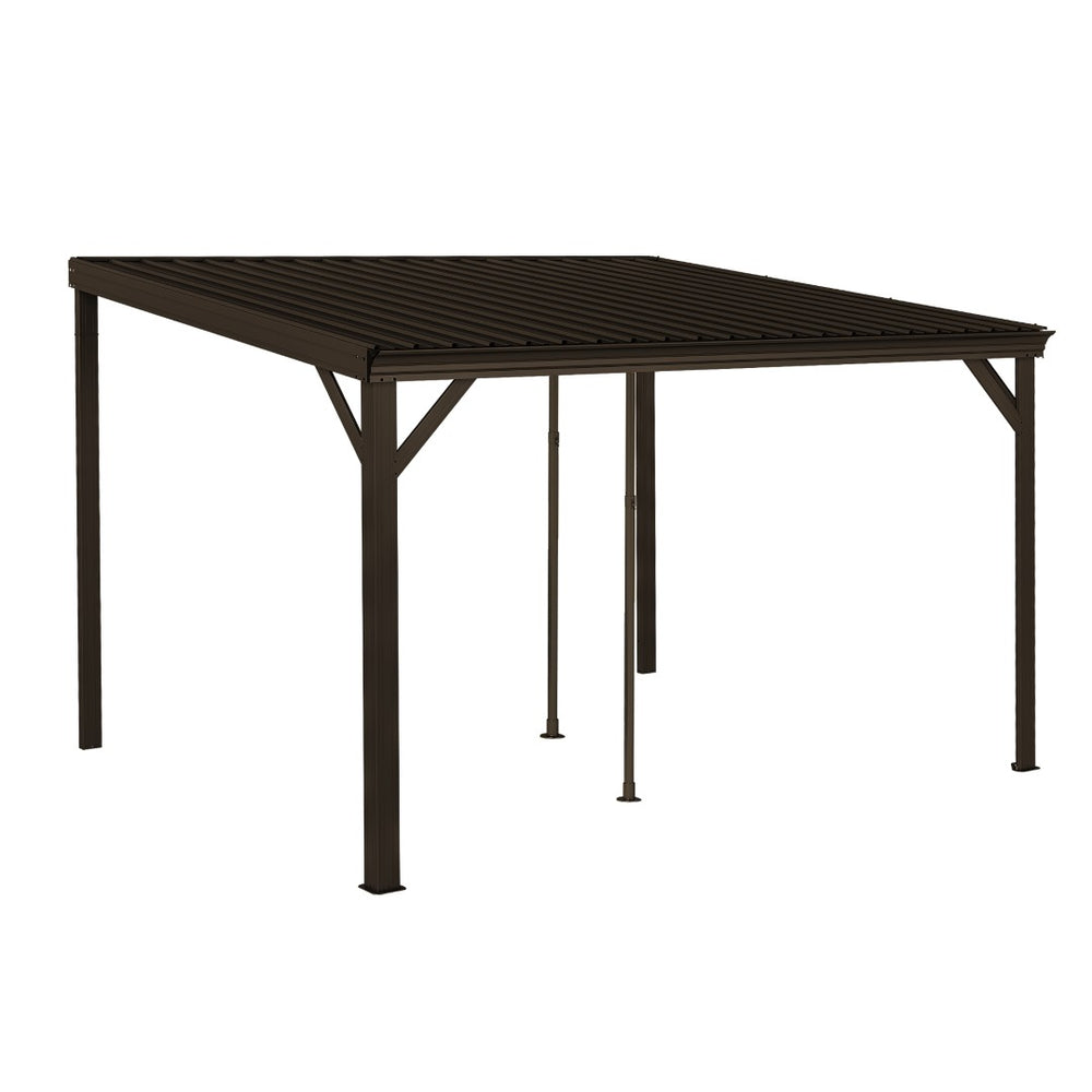 English Elm 10x12ft Lean to Hardtop Gazebo Wall Mounted Steel Roof Shelter for Deck Patio Brown W1859S00194