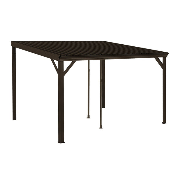 English Elm 10x12ft Lean to Hardtop Gazebo Wall Mounted Steel Roof Shelter for Deck Patio Brown W1859S00194