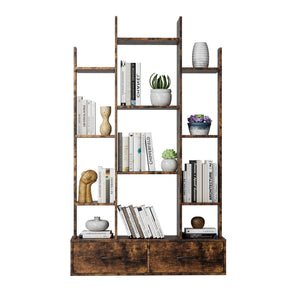 English Elm Bookshelf Rustic Brown 12 Open Shelves & 2 Drawers Industrial Space-Saving Bookcase for Home Office W578P207921