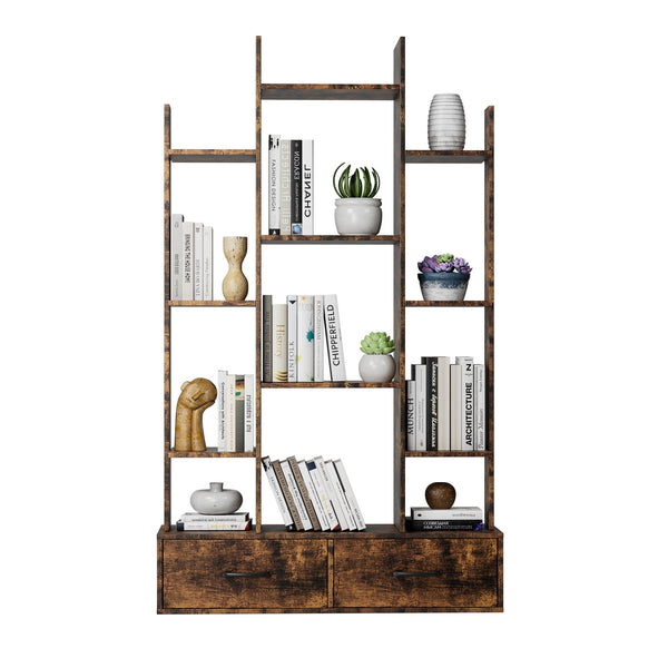 English Elm Bookshelf Rustic Brown 12 Open Shelves & 2 Drawers Industrial Space-Saving Bookcase for Home Office W578P207921