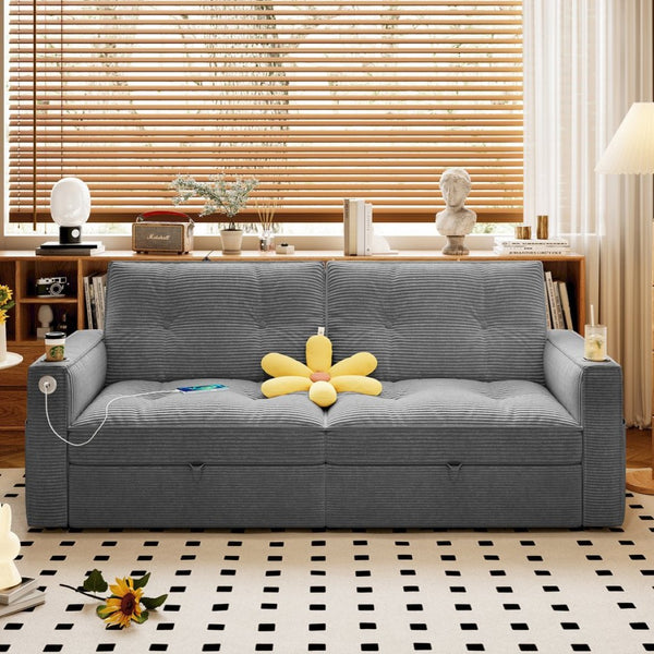 English Elm W3820s00010 Corduroy Sleeper Sofa Pull Out Guest Bed for Studio Apartments and Small Spaces Grey W3820S00032
