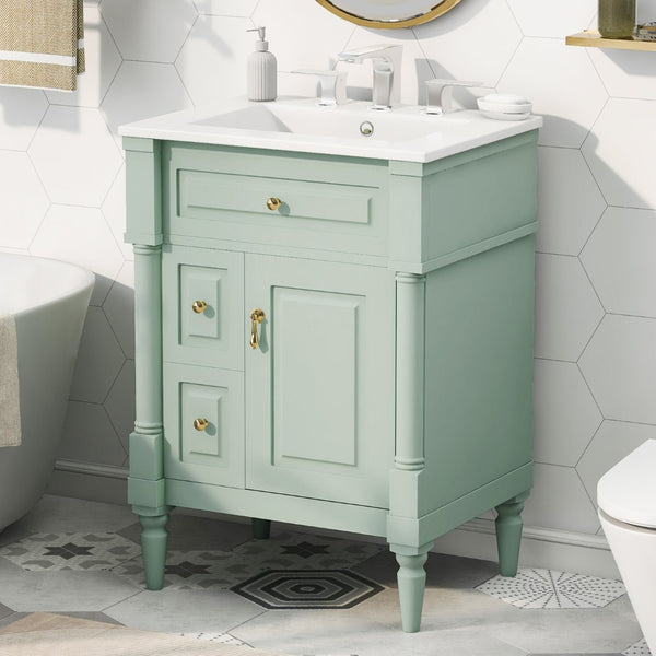 English Elm 24 Inch Freestanding Vanity with Ceramic Sink Rubberwood Frame Matte Finish Storage Green N725P356058F