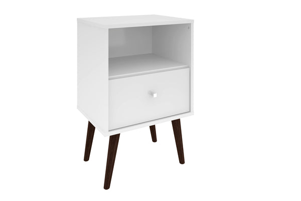 English Elm Liberty 18" Nightstand with Drawer and Open Cubby, Mid-Century Splayed Legs, Durable Storage Guide White B365P398498