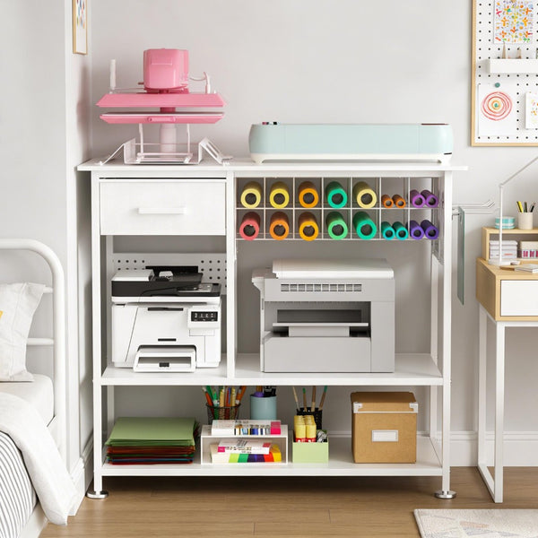 English Elm Large Metal Craft Workbench with Vinyl Roll Storage Charging Station and Pegboard W3190P416748