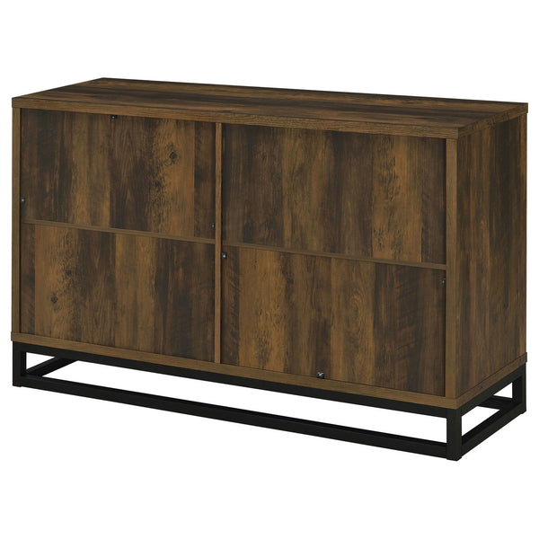 English Elm Thurston Dark Pine 4-Door Engineered Wood Accent Cabinet with Fluted Doors, Open Metal Base, Rustic Storage B062P375527