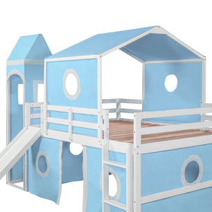 English Elm Full Size Castle Loft Bed with Slide Pink Tent Tower Pinewood Kids Play Frame LT000771AAC-1