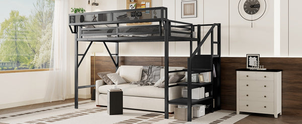 English Elm Twin Xl Loft Bed With Stairs & Storage Shelves, Metal High Bed For Teens & Small Spaces, Black W2580S00049-GIGA