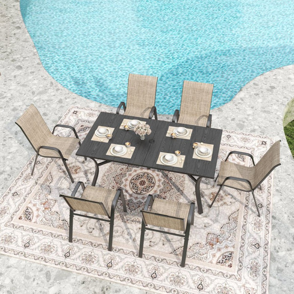 English Elm 6-piece Outdoor Dining Chair Set Ergonomic Teslin Fabric Powder Coated Metal Patio Seating Brown+Black W3979P392986