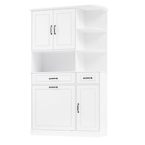 English Elm Tall Freestanding Organizer Cabinet with Tilt-Out Hamper, 2 Drawers, Adjustable Shelves, Modern White MDF Storage N725S352451K