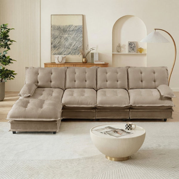 English Elm 138" Chenille Modular Cloud Sectional with Ottoman Deep Seat Lounge Sofa for Apartments Light Coffee W714S01715