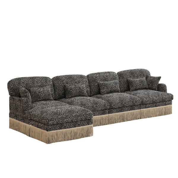 English Elm 131"comfy Chenille Leopard Print Sectional Sofa with Tassel Trim and Movable Ottoman Khaki W5656S00026