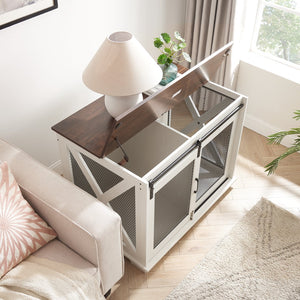 English Elm Farmhouse Dog Cage Crate Furniture with Sliding Barn Door, Secure Metal Latch, Flip-Up Top Access and Removable Divider for Small to Large Dogs (40.94x30.51x6.69) White W2275P164726