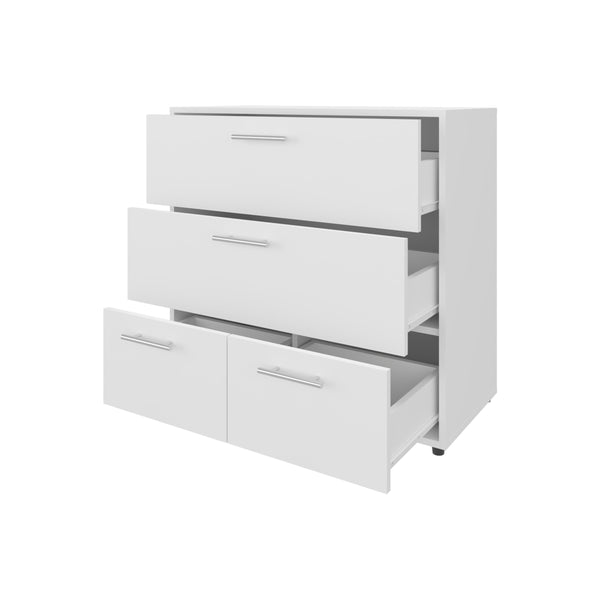 English Elm White Dresser with Four Spacious Drawers, Sleek Melamine Finish, Modern Handle Pulls, Compact Storage Solution B062P357519