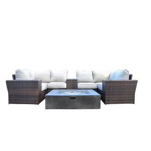 English Elm Fully Assembled 10-Piece Wicker Patio Seating Set With Fire Pit, Cushions & Side Tables For 4-6 B120S00258