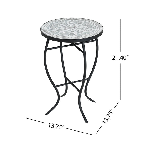 English Elm Outdoor Mosaic Ceramic Tile Round Side Table with Curved Wrought Iron Patio Accent Grey+Black N773P365597G