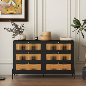 English Elm Rattan 6-Drawer Dresser with Rattan Doors & Gold Handles, Water-Resistant MDF, Spacious Storage W1321132577
