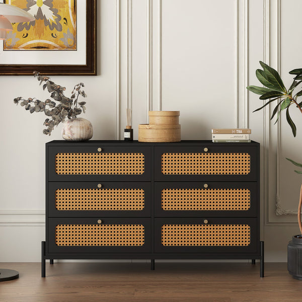 English Elm Rattan 6-Drawer Dresser with Rattan Doors & Gold Handles, Water-Resistant MDF, Spacious Storage W1321132577