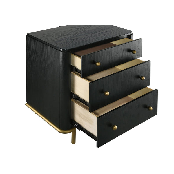 English Elm Anser Black 3-Drawer Nightstand with Wire-Brushed Finish, Gold Legs & Ball Knobs — Elegant Storage Solution B062P299882
