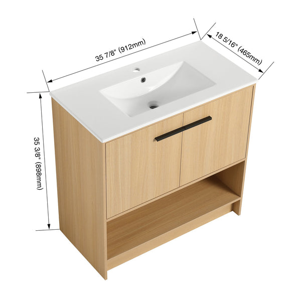 English Elm 36" Modern Bathroom Vanity With Ceramic Sink, Soft Closing Doors & Open Shelf For Stylish Storage W1972S00019