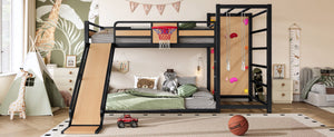 English Elm Twin Metal Loft Bed with Slide Basketball Hoop Climbing Wall and Built-in Shelves W1580S00632