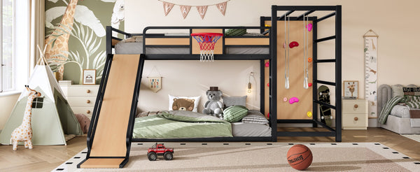 English Elm Twin Metal Loft Bed with Slide Basketball Hoop Climbing Wall and Built-in Shelves W1580S00632