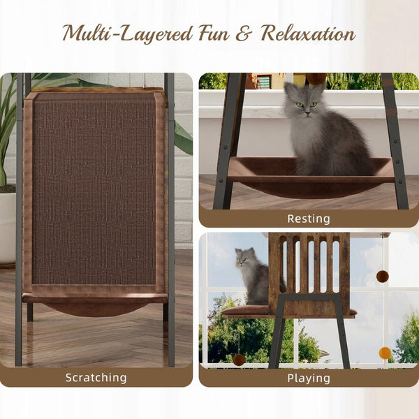 English Elm Modern 58 Inch Cat Tower with Sisal Scratching Mat Hammock and Perch for Large Breeds W2641P460041