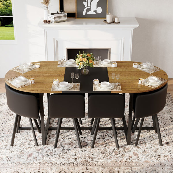English Elm 9-piece Oval Dining Set Seats Eight with Two-tone Top and Pu Leather Chairs W3875S00105