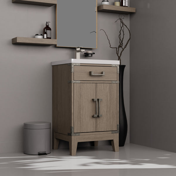 English Elm Grey Oak Single-Sink Vanity Set With Acrylic Countertop, Mirror & Faucet For Compact Spaces B2731S01999
