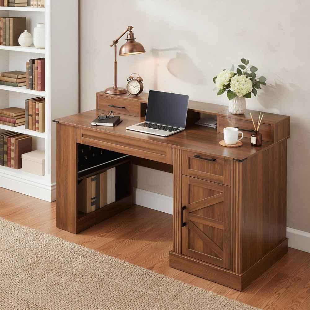 English Elm 55" Farmhouse Writing Desk with Cabinet Charging Station Pegboard and Monitor Stand Dark Walnut W2917S00009