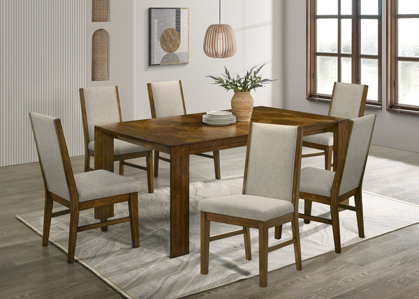 English Elm 7pc Handcrafted Feel Rectangular Dining Set with Tufted Neutral Upholstery and Mixed Wood Tones B2741S00517