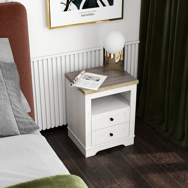 English Elm Farmhouse Rustic Nightstand with 2 Drawers and Open Shelf, Sturdy Wood-End Table for Bedroom Charm White+Oak 22.44 L x 20.79 W x 6.89 H W3151P264505