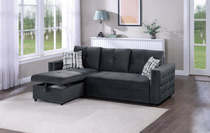 English Elm Black Velvet Convertible Sectional Sofa with Pull-Out Bed, Reversible Storage Chaise, Tufted Elegance B011S01023