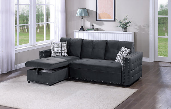 English Elm Black Velvet Convertible Sectional Sofa with Pull-Out Bed, Reversible Storage Chaise, Tufted Elegance B011S01023