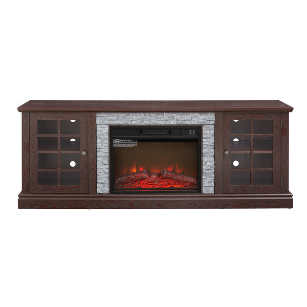 English Elm 70" Modern TV Stand with 23" Electric Fireplace, Faux Stone Mantel, Ample Storage & Cable Management Cherry W2275S00023