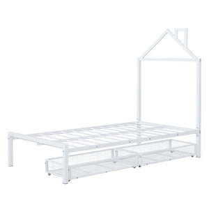 English Elm Twin Metal Platform Bed with House-Style Headboard, Sturdy Slatted Frame & Smooth Underbed Drawers for Kids and Teens (300 lb Capacity) White MF320570AAK