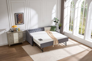 English Elm Twin Velvet Daybed with Pull Out Trundle Tufted Back Usb Port and Side Pockets Grey W1361S00036