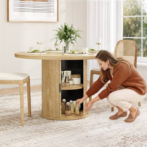 English Elm 43" Round Wood Dining Table with Geometric Metal Base Seats 4 Space Saving Modern Natural T3623P433900