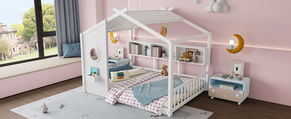 English Elm Full House Floor Bed with Roof Playhouse Design, Montessori Style with Rear Storage Shelf, Sturdy Pine White 78.5 L x 16.35 W x 8 H N733P335068K