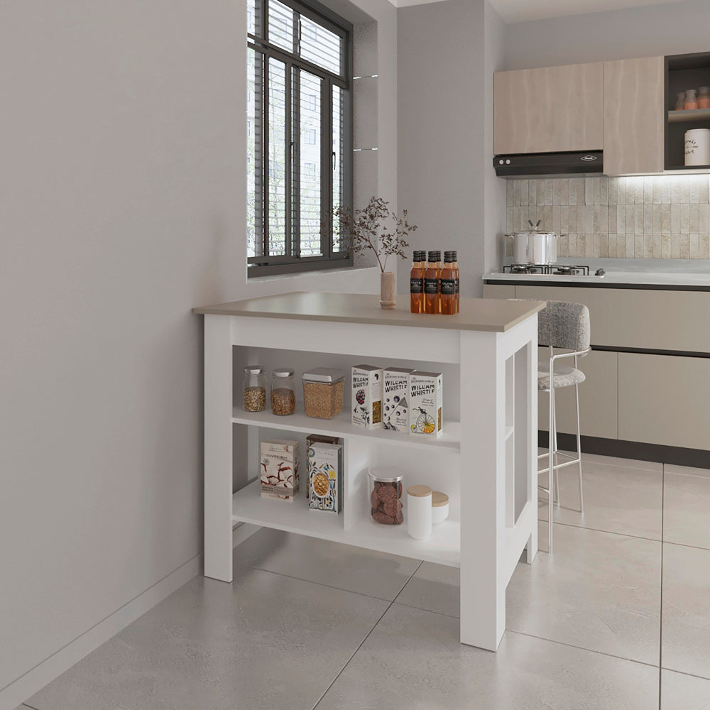 English Elm Kitchen Island Ada Taupe Multi with White Accents – Compact 35.4"H x 40.5"W Durable Engineered Wood Storage Oasis B092P238715