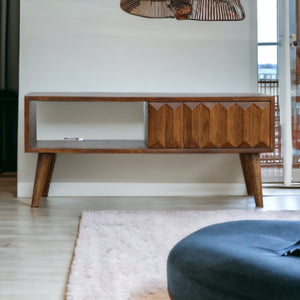 English Elm Solid Wood Chestnut Media Unit - Hand-Carved Sliding Storage, Rustic Charm For Modern Living Spaces B182P280786-GIGA